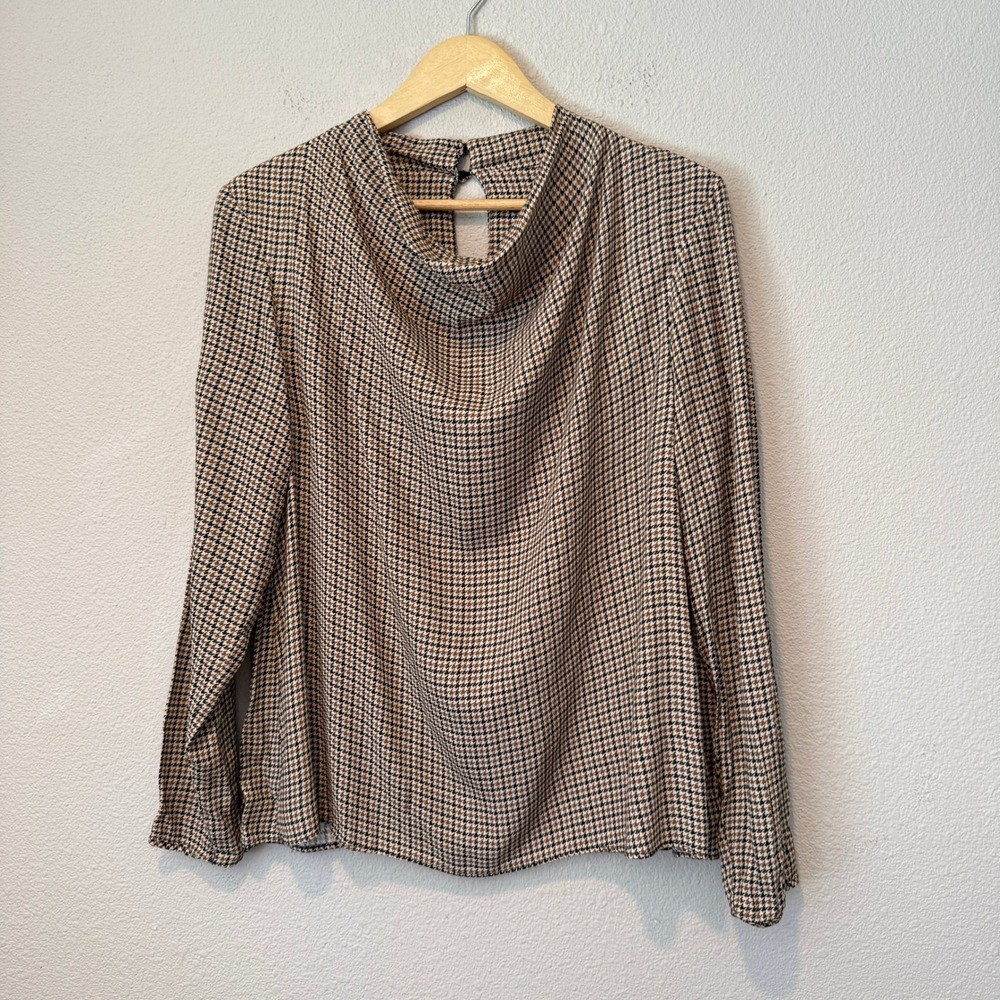 Zara Womens Brown Houndstooth Cowl Neck Long Sleeve Blouse Size M